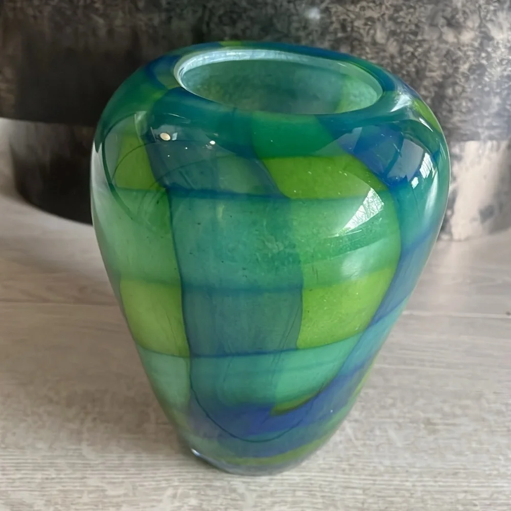 Sasaki Green Blue Heavy Thick Crystal Vase Perfect Condition